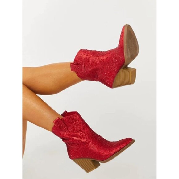 Women's Red Western Cowgirl Boots Embroidered Ankle High Pointed Toe Pull On - Picture 6 of 6